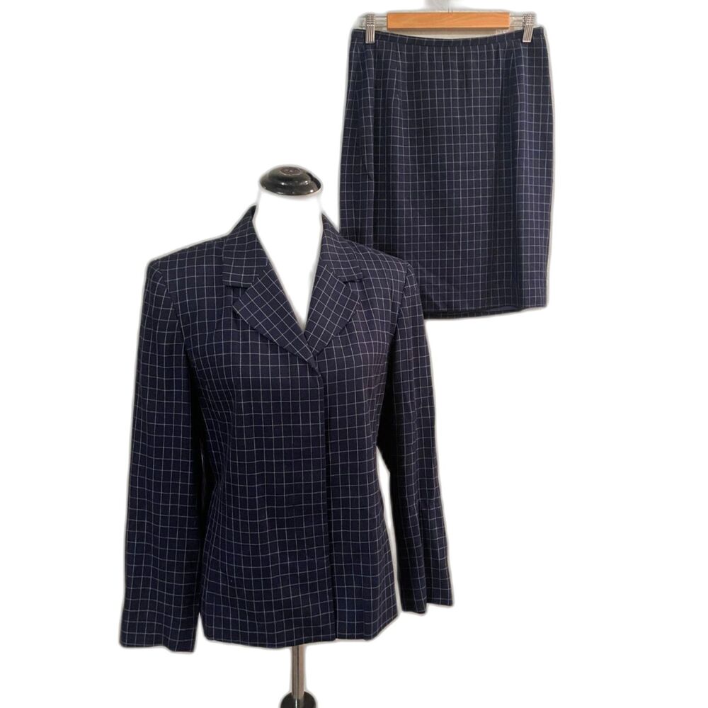 Vintage Pendleton Blazer & Skirt Suit Set 8/10 Lightweight Plaid Navy Excellent